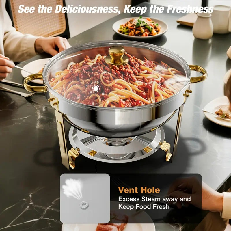 ✨【Buy 1 Get 1 Free】5QT Golden Half-Plated - Food-Grade Stainless Steel, Chafing Dishes for buffet Set with Glass Lid & Lid Holder