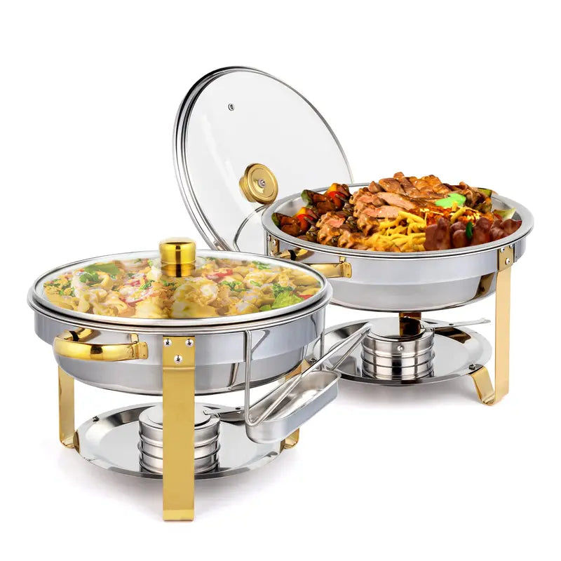 ✨【Buy 1 Get 1 Free】5QT Golden Half-Plated - Food-Grade Stainless Steel, Chafing Dishes for buffet Set with Glass Lid & Lid Holder