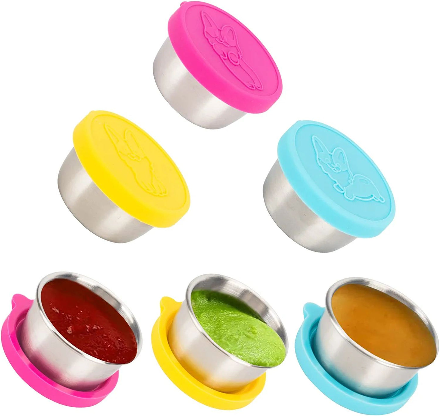 Salad Dressing Containers To Go; 6x1.5 oz Stainless Steel Food Containers with Lids; Small Silicone Dipping Sauce Cups Toddler Snack Containers Leakproof for Kids Lunch Bento Box; Picnic and Travel