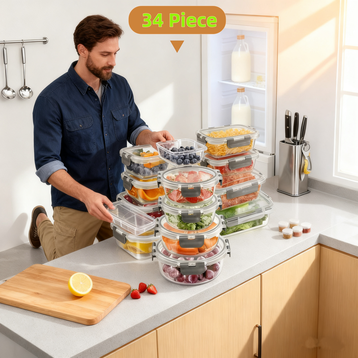 🍀【34 Piece】 Premium Borosilicate Glass Meal Prep Containers Glass